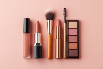 Makeup products including lipstick brush and eyeshadow palette on a pink background.