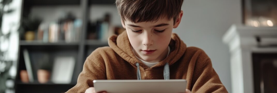 Young student concentrating on tablet screen, engaging with educational content or entertainment, representing digital learning environment and technological classroom interaction