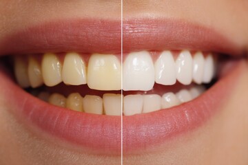 Teeth whitening comparison showing yellow and white teeth with pink lips.