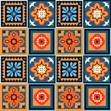 Seamless talavera pattern repeating orange and blue floral motifs on ceramic tiles, celebrating mexican and spanish heritage