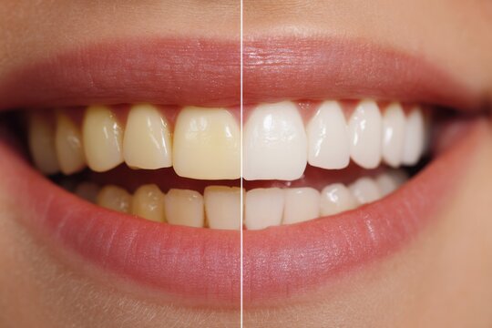 Teeth whitening comparison showing yellow and white teeth with pink lips.