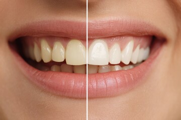 Before and after teeth whitening showing yellowing teeth versus bright white teeth.