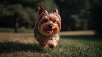 A joyful Yorkshire terrier leaps through the vibrant green grass on a sunny day, ears flapping in the wind, embodying pure happiness and playful energy in nature.