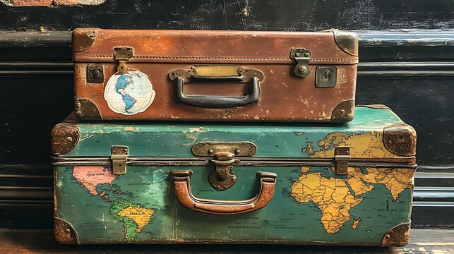 Vintage suitcases stacked one on top of the other with world map design travel concept photo