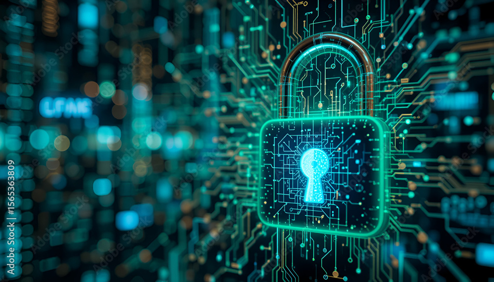 Poster secured digital network featuring a glowing padlock and intricate circuit board design, signifying c