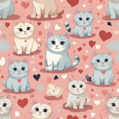 A repeating pattern of cute cartoonish cats in various poses set against a pink background with heart and cloud elements