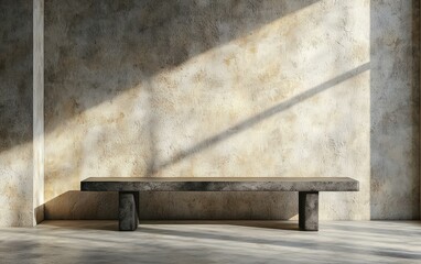 Minimalist Matte Black Steel Bench Frames in a Textured Room with Sunlight. Modern Furniture Design and Interior Decor.