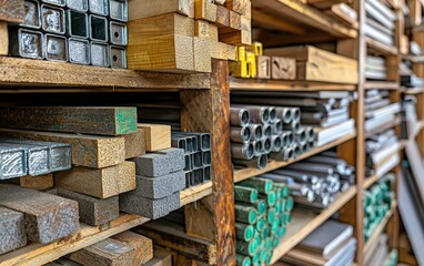 Fototapeta premium Neatly Stacked Raw Materials in a Workshop Storage System Assortment of Wood, Metal, and Tubes on Shelves Displaying Texture and Variety