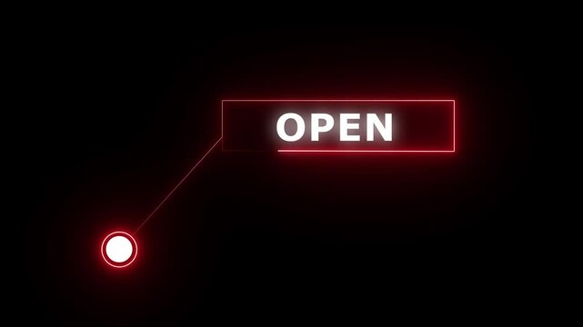Neon line animation of HUD elements with text Open. Animate a white callous for text. HUD elements on black background.