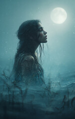 Fototapeta premium mystical mermaid woman rising from moonlit sea – fantasy illustration perfect for book covers, spiritual content, mythology themes, or editorial use in stories involving water deities, dreams