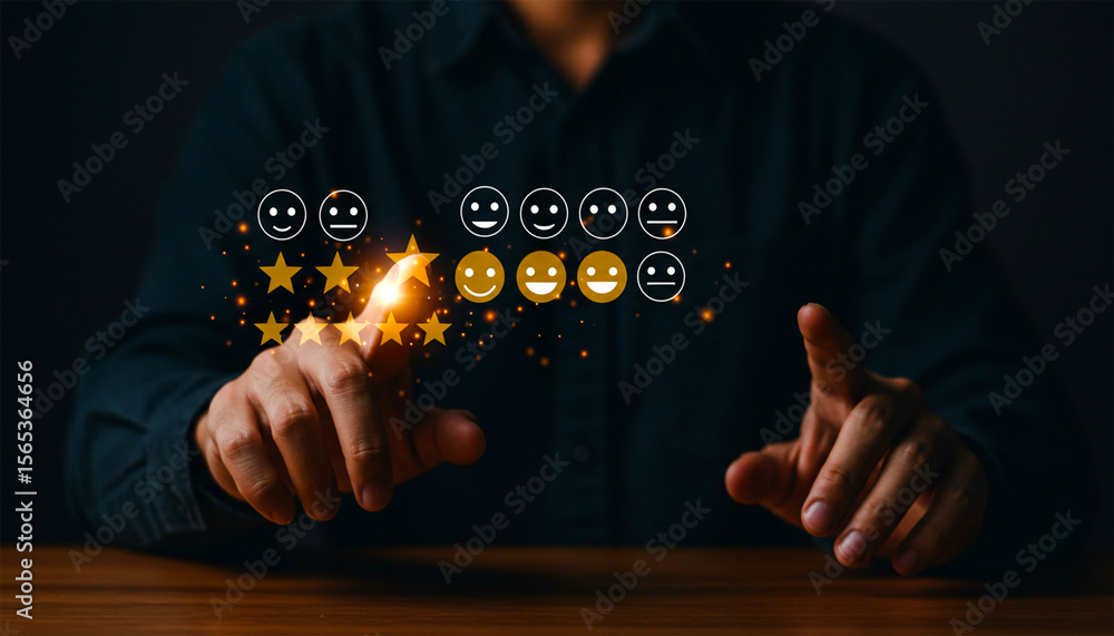 Poster businessman pointing at customer satisfaction scale with sad to happy faces and star ratings, symbol