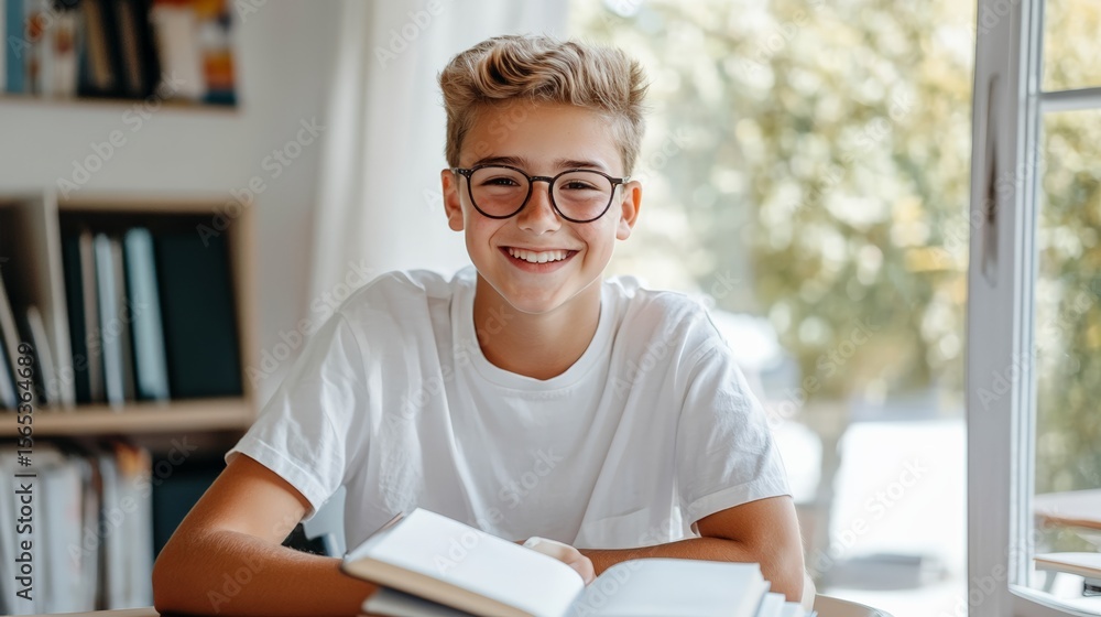 Poster Portrait of a cheerful student wearing eyeglasses, sitting at a table with an open book, smiling while studying in a home library with a bookshelf in the background near a window