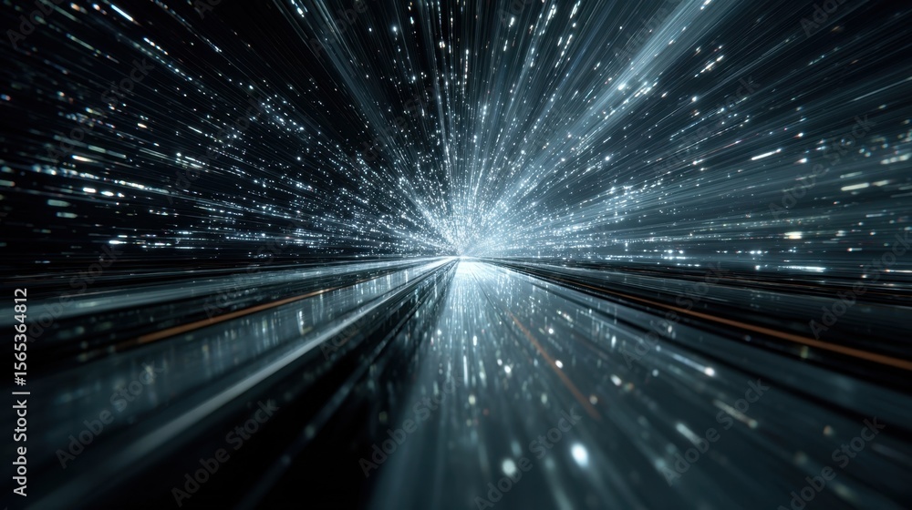 Poster futuristic representation of a tunnel portal enriched with cascading matrix data streams symbolizing