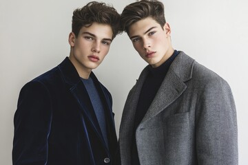 Two handsome twin brothers posing in stylish velvet and tweed jackets, exuding sophisticated charm.