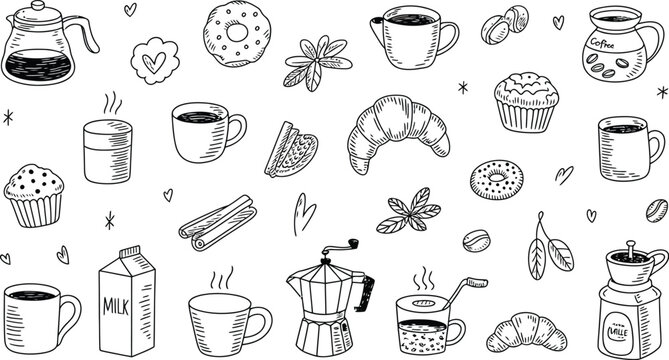 A collection of hand drawn coffee and breakfast themed doodles in black and white line art style