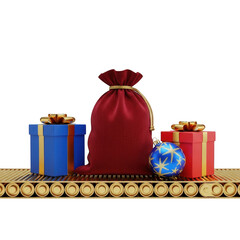 Christmas gifts and bag on conveyor belt isolated on transparent background