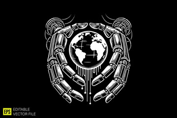 robot holding globe  illustration dark art scary creepy style tattoo vector black and white background templates