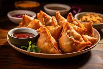 Bowl of golden fried samosas with sauces and fresh vegetables on table