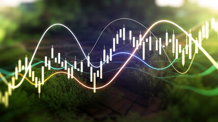 A dark blue financial chart shows dense white candlesticks and glowing blue moving averages with a futuristic, professional, and sophisticated appearance