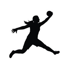 Silhouette of female handball player in dynamic mid air throw position