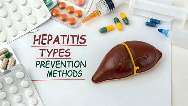 Top view of "hepatitis types and prevention methods"  with anatomical liver, pills, and tablets - World Hepatitis Day and public health awareness concept