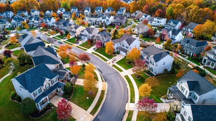 A real estate drones aerial view of a suburban neighborhood with identical houses perfectly manicured lawns and winding streets
