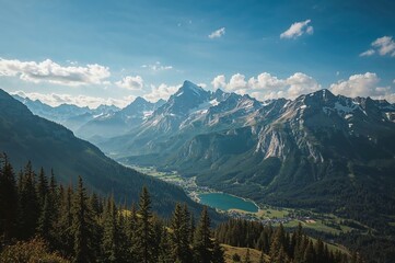 Obraz premium European alps landscape with lush pine trees, glacier-fed lake, and distant snow-dusted summits