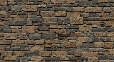 Fototapeta premium Closeup of a rustic stone wall with a mix of brown grey and dark irregular stones creating a textured surface