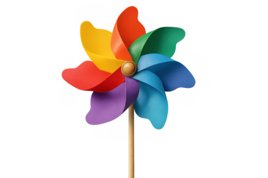Rainbow pinwheel spinning with transparent background, representing childhood, joy, and carefree fun