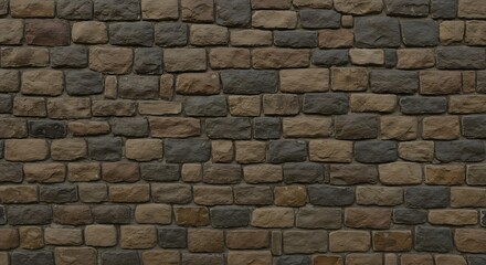 Obraz premium Closeup of a rustic stone wall with textured varying shades of brown tan and gray rectangular blocks