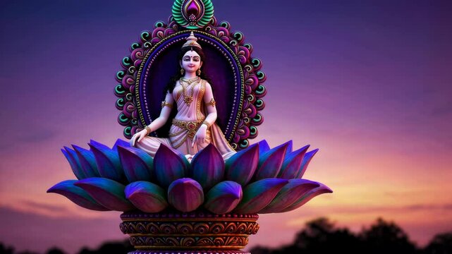 Majestic goddess lakshmi sitting on lotus flower at sunset