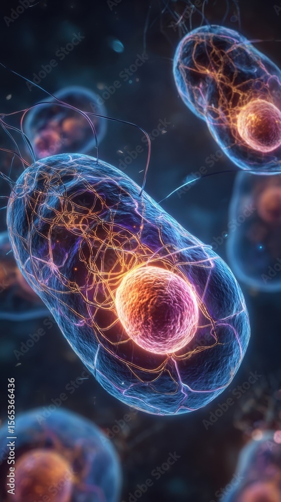 Aufkleber creative animation depicting the interaction between the nucleus and mitochondria within a biologica