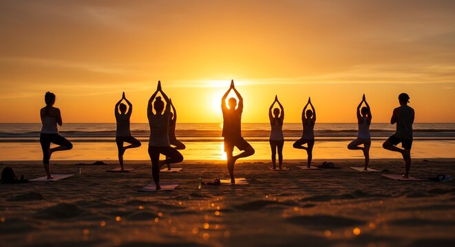 Silhouetted Yoga Group at Sunset on Beach, Tree Pose Harmony