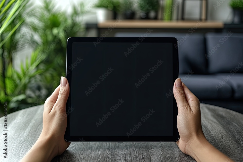 Poster sharp image of mockup tablet on businessman hands empty display on home table