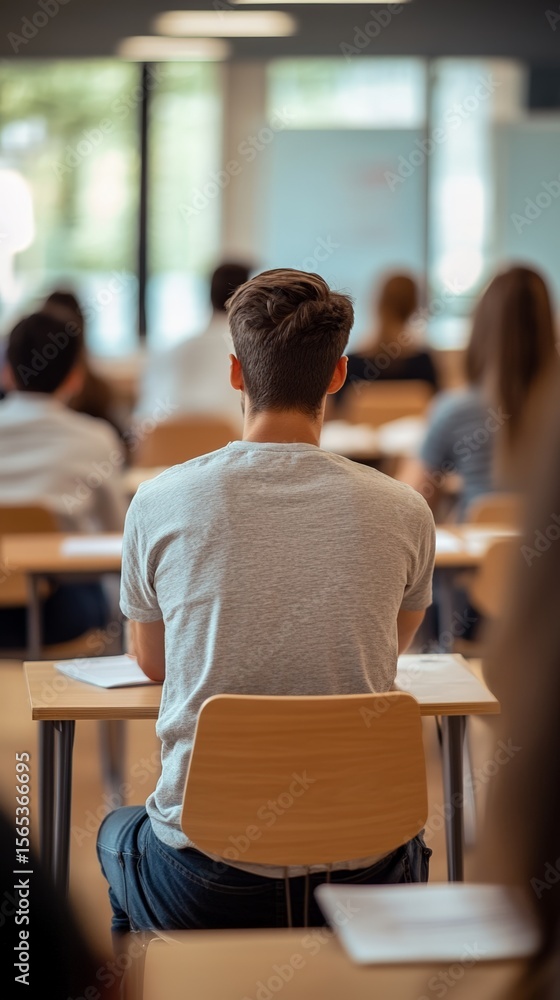 Poster college student sitting at a desk, attentively listening to a lesson in a classroom filled with peer