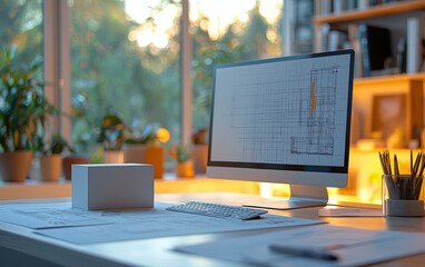 Designer's Desk with Blueprint and Computer Illuminated by Sunlight a Creative and Professional Workspace for Architectural Design and Planning