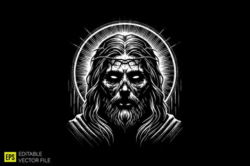 jesus christ head  illustration dark art scary creepy style tattoo vector black and white background templates