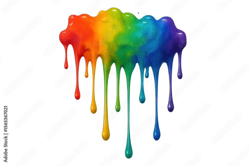 Poster rainbow paint dripping across transparent surface, displaying vivid color gradient