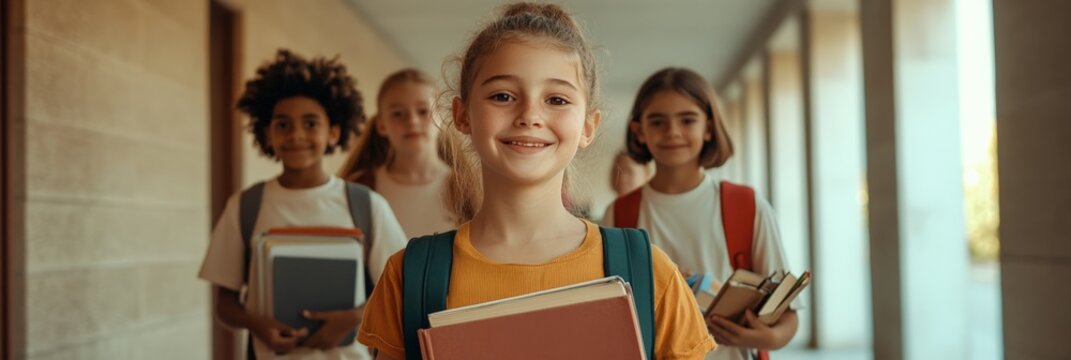 Smiling students carrying books and backpacks stroll down the school hallway after class, embodying the joyful spirit of back to school moments and the excitement of learning together