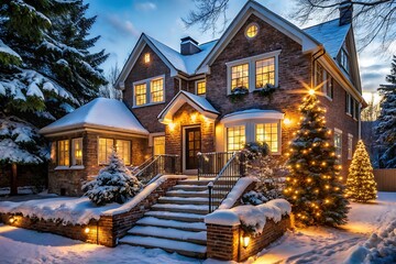 A cozy brick house is beautifully decorated for christmas, glowing warmly under the winter snow