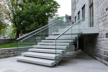Textures of glass and stone in modern architectural staircase