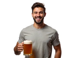Portrait of a happy man holding a beer mug isolated on transparent background