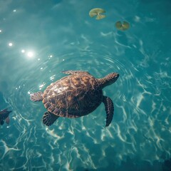 Sea turtle gliding peacefully through crystal-clear shallow ocean waters with sunlight streaming from above

