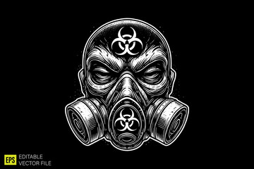 skull with gas mask illustration dark art scary creepy style tattoo vector black and white background templates