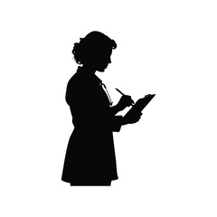 Silhouette of a female doctor writing on a clipboard in black color