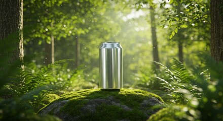 Blank Aluminum Can Mockup in Lush Green Forest Environment