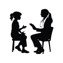 Silhouette of a female doctor consulting with a young patient in her office