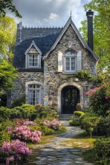 This delightful stone cottage is nestled within vibrant gardens, bathed in the warm light of the early afternoon, located in a tranquil neighborhood