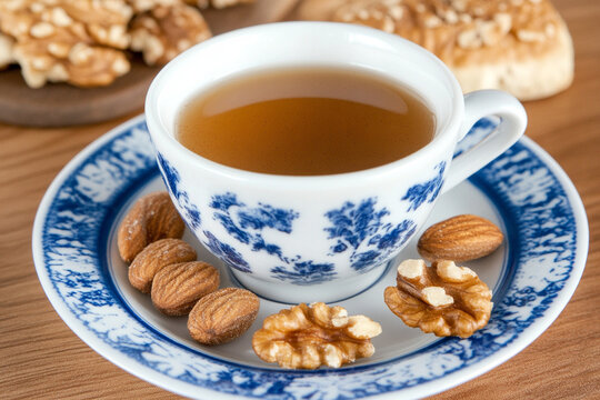 Cup of warm tea accompanied by assorted nuts on a wooden table