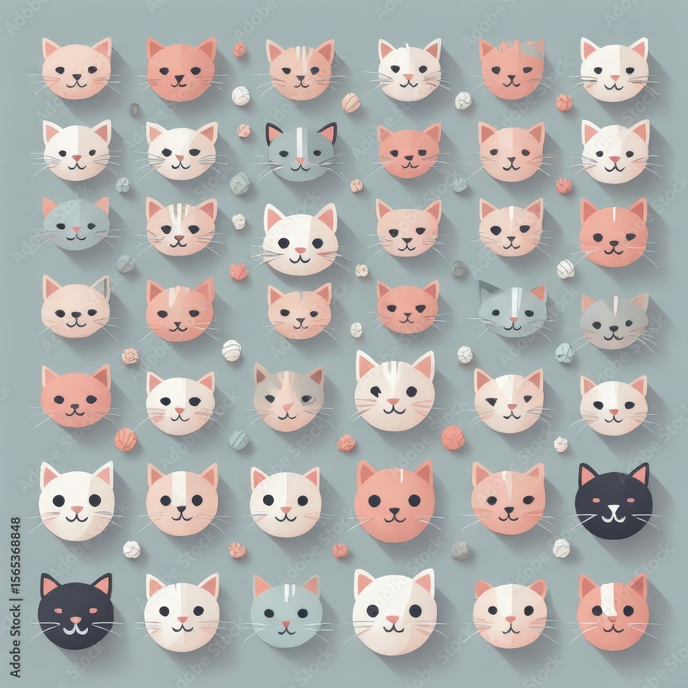 Poster array of colorful stylized cat faces with varying fur patterns set against a solid background with s